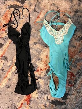 Set of Xhilaration from Target Black & Aqua Crochet Accent One-Piece Tankinis
